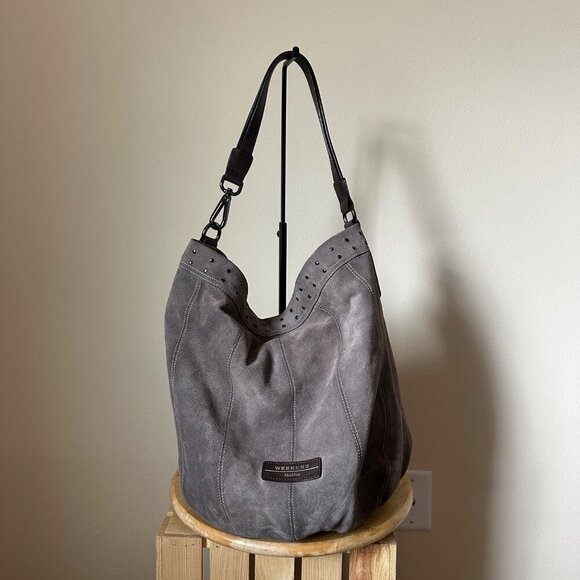 Max Mara Weekend Suede Leather Studded Shoulder Bag Large Slouchy Minimalist - Picture 1 of 12